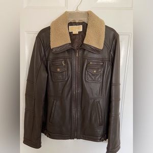 Michael Kors Brown Leather Moto Jacket Size XL